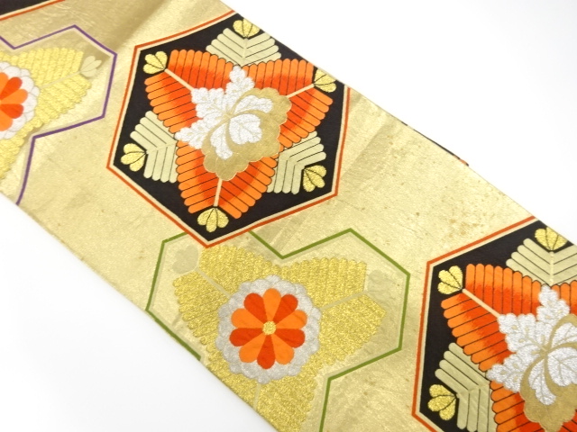 JAPANESE KIMONO / ANTIQUE FUKURO OBI / SILK / WOVEN KIKKO & KIKU & PAULOWNIA & YOUNG PINE